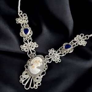 Vintage Hand Carved Cameo Necklace Filigree Victorian Revival Bezel Set Glass 9H